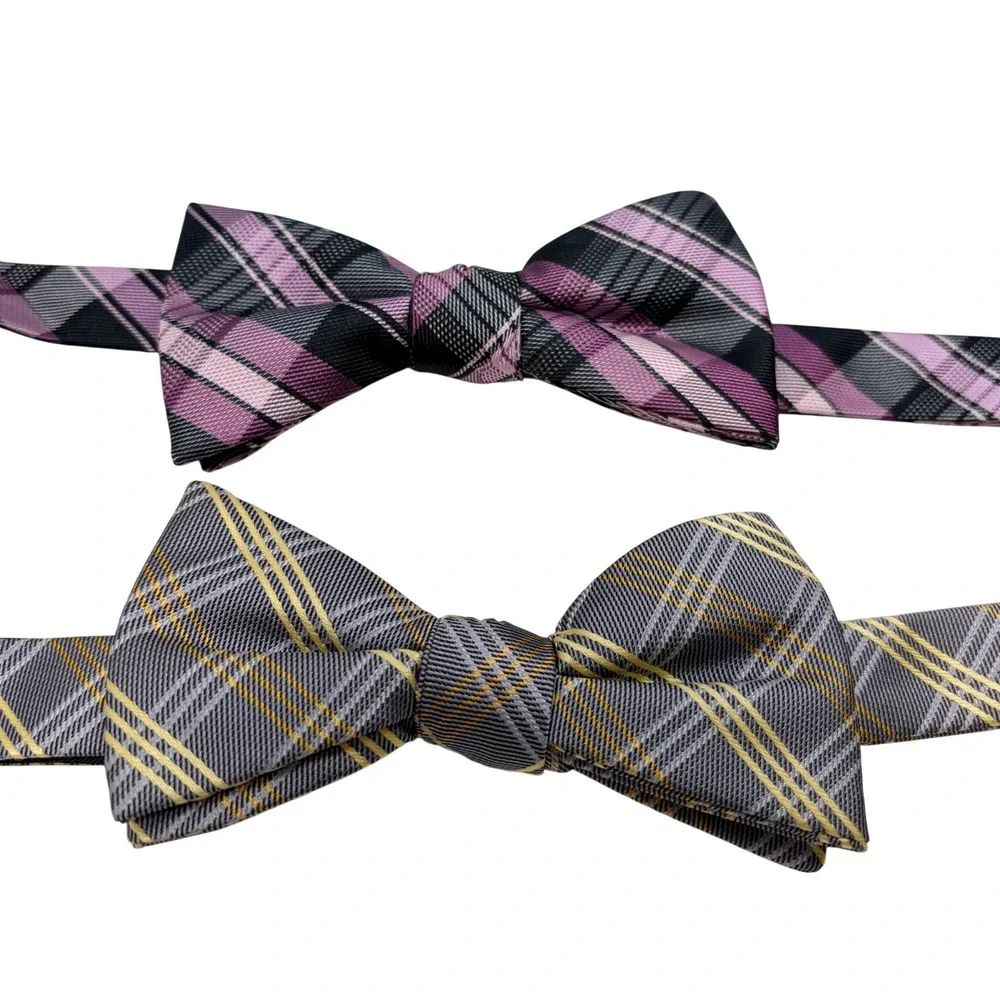 J.Ferrar Bow Tie Set OS Multi Plaid Pre-Tied Adjustable‎ Purple Grey 2pk NEW